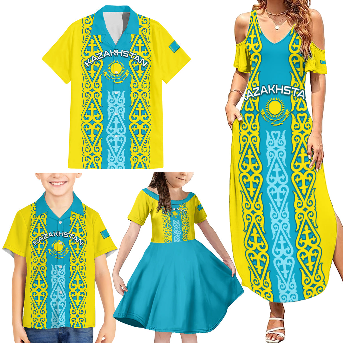Personalised Kazakhstan Independence Day Family Matching Summer Maxi Dress and Hawaiian Shirt Kazakhstanian Coat Of Arms Special Version - Wonder Print Shop
