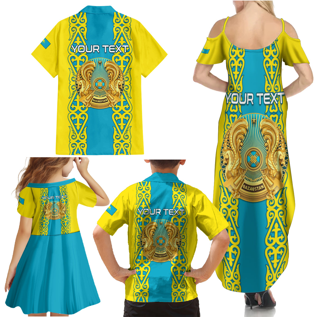 Personalised Kazakhstan Independence Day Family Matching Summer Maxi Dress and Hawaiian Shirt Kazakhstanian Coat Of Arms Special Version - Wonder Print Shop