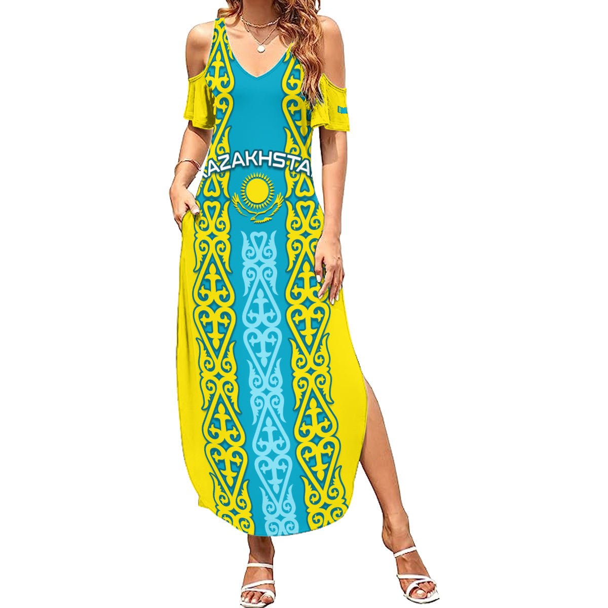 Personalised Kazakhstan Independence Day Family Matching Summer Maxi Dress and Hawaiian Shirt Kazakhstanian Coat Of Arms Special Version - Wonder Print Shop