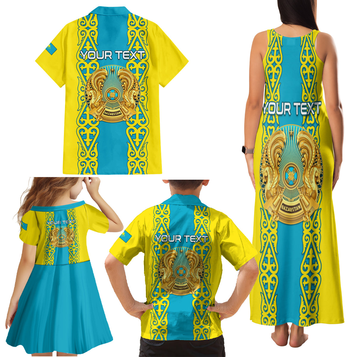 Personalised Kazakhstan Independence Day Family Matching Tank Maxi Dress and Hawaiian Shirt Kazakhstanian Coat Of Arms Special Version - Wonder Print Shop