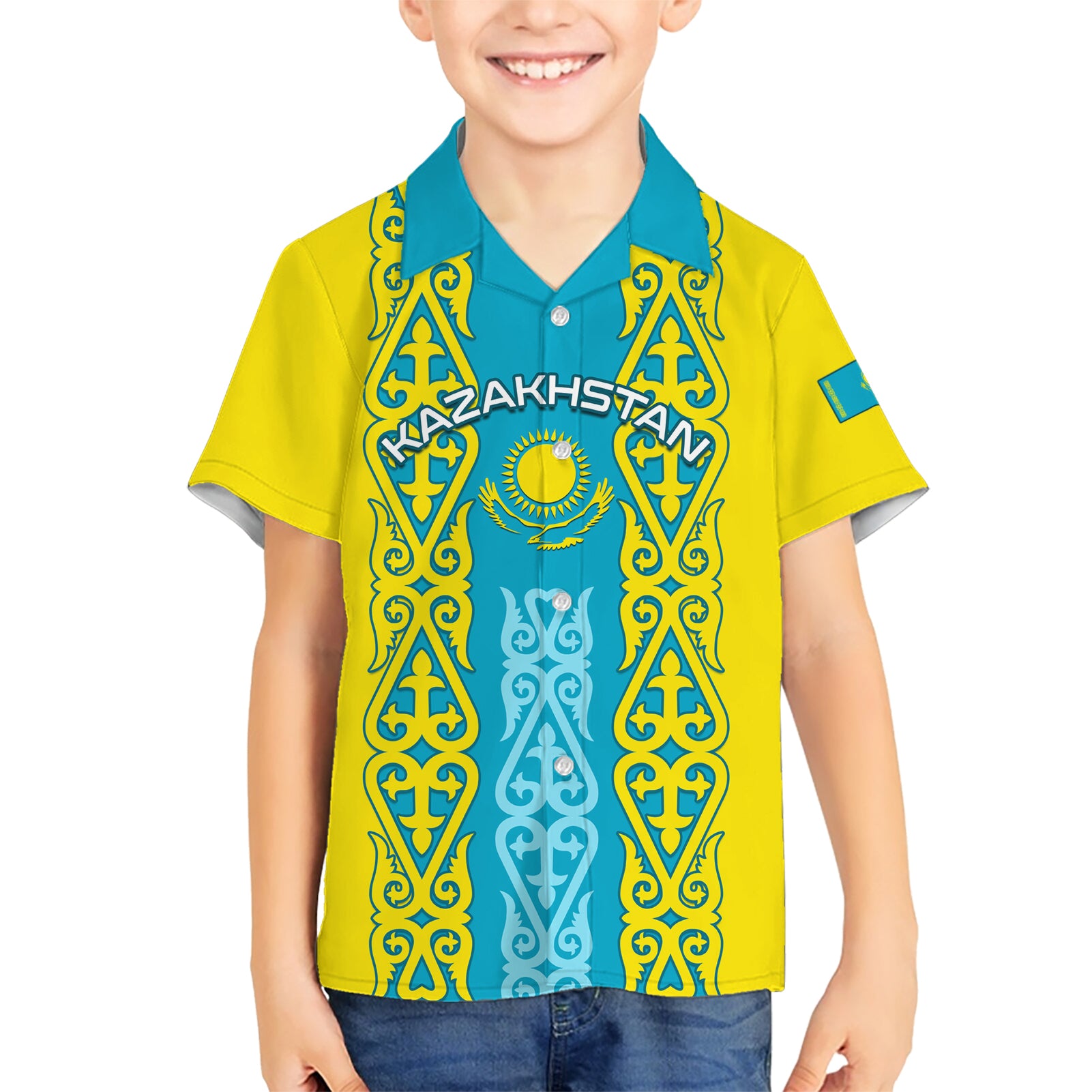Personalised Kazakhstan Independence Day Kid Hawaiian Shirt Kazakhstanian Coat Of Arms Special Version - Wonder Print Shop