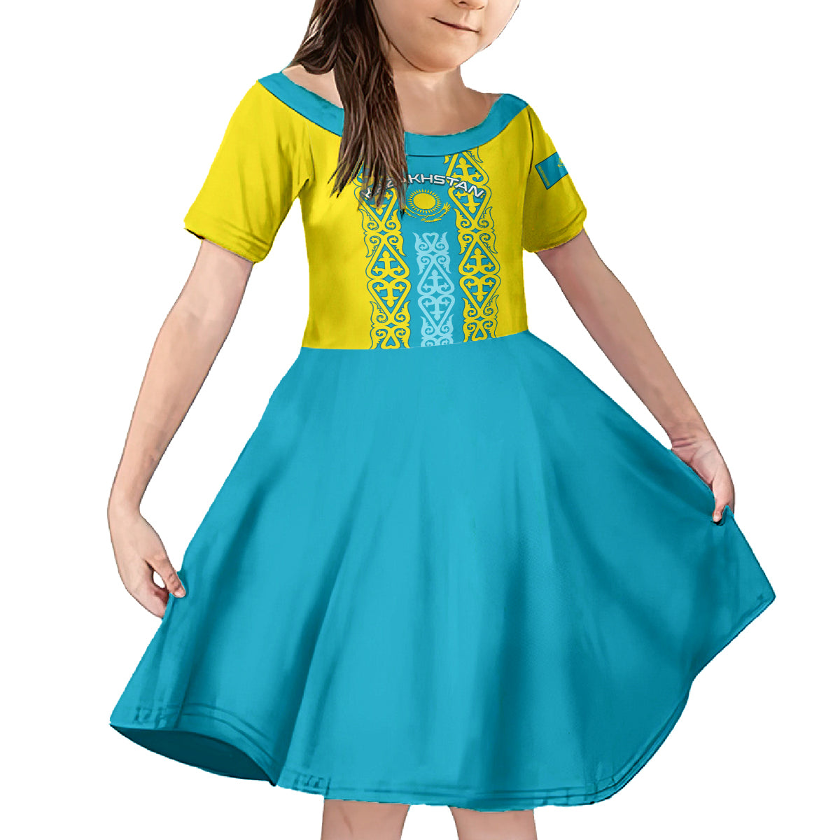 Personalised Kazakhstan Independence Day Kid Short Sleeve Dress Kazakhstanian Coat Of Arms Special Version - Wonder Print Shop