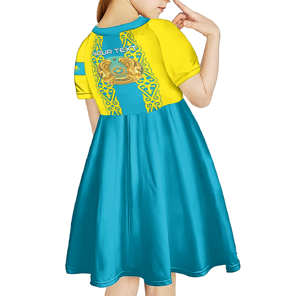 Personalised Kazakhstan Independence Day Kid Short Sleeve Dress Kazakhstanian Coat Of Arms Special Version - Wonder Print Shop