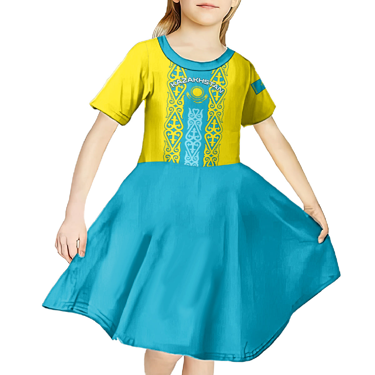 Personalised Kazakhstan Independence Day Kid Short Sleeve Dress Kazakhstanian Coat Of Arms Special Version - Wonder Print Shop