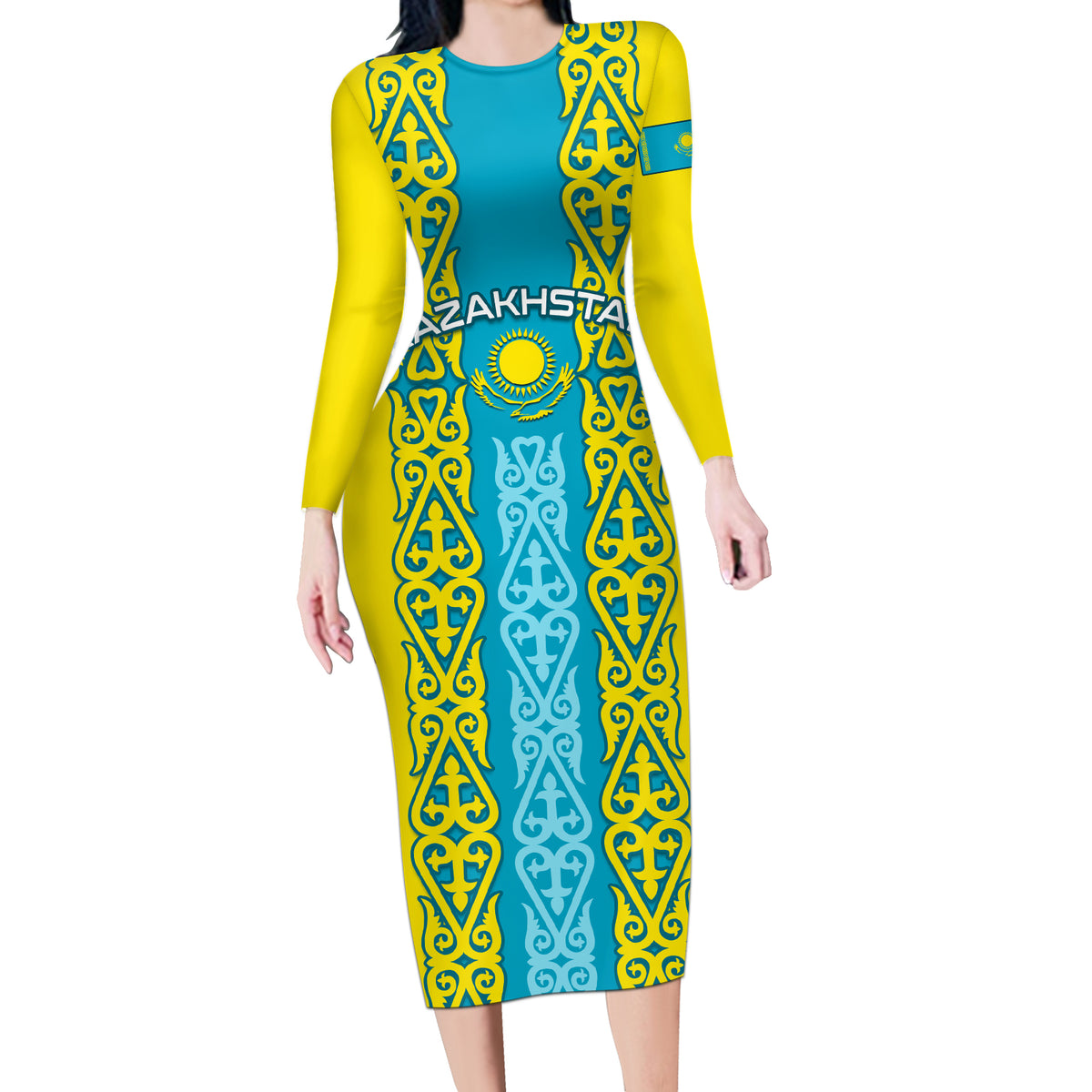 Personalised Kazakhstan Independence Day Long Sleeve Bodycon Dress Kazakhstanian Coat Of Arms Special Version - Wonder Print Shop