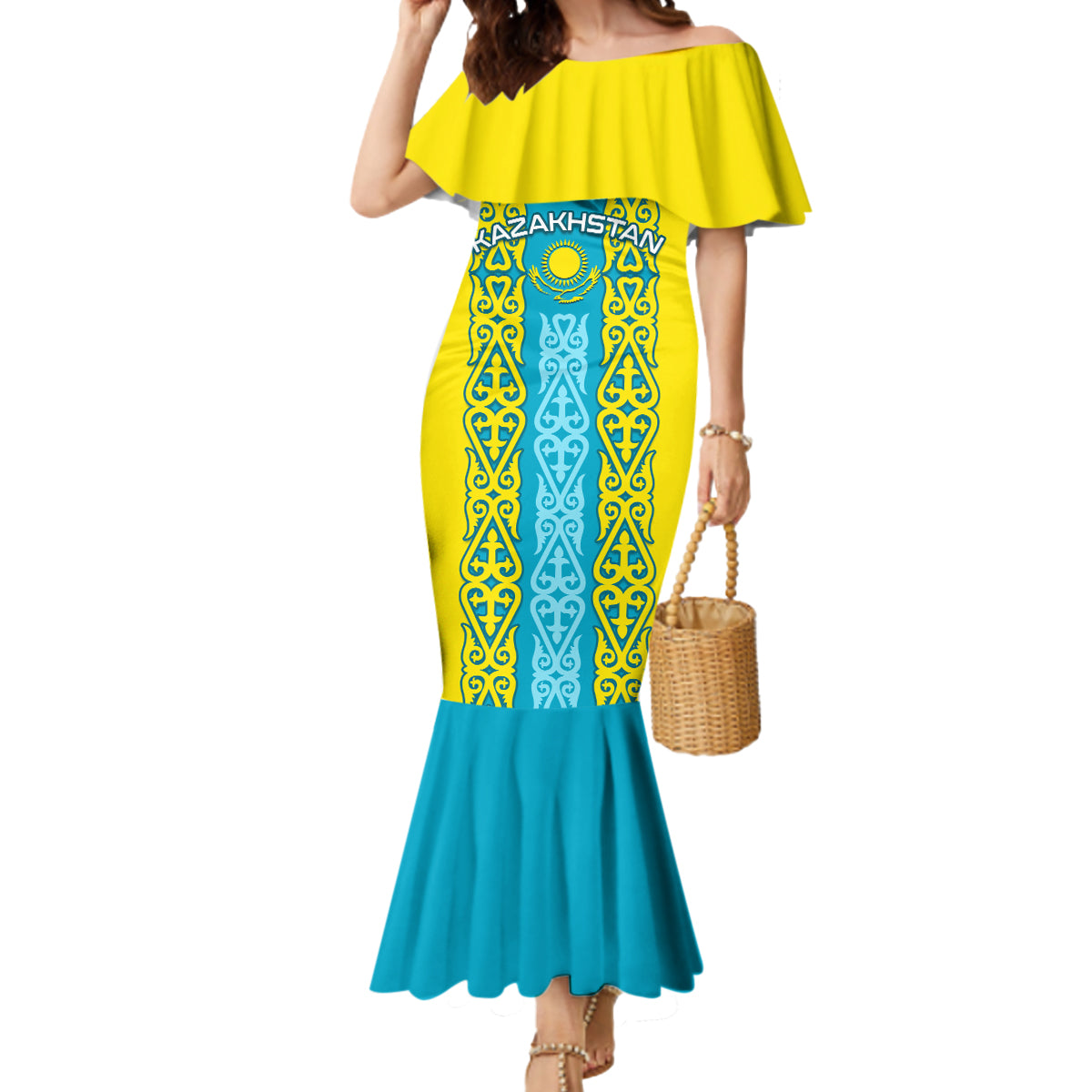 Personalised Kazakhstan Independence Day Mermaid Dress Kazakhstanian Coat Of Arms Special Version - Wonder Print Shop