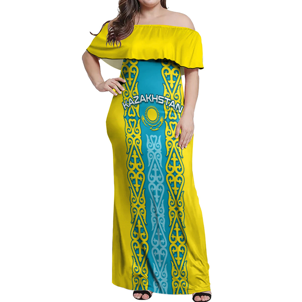 Personalised Kazakhstan Independence Day Off Shoulder Maxi Dress Kazakhstanian Coat Of Arms Special Version - Wonder Print Shop