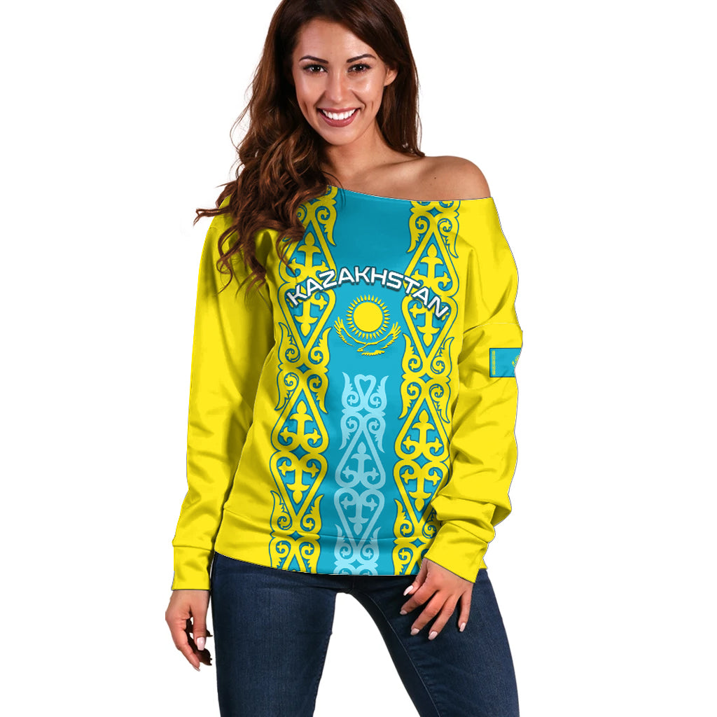 Personalised Kazakhstan Independence Day Off Shoulder Sweater Kazakhstanian Coat Of Arms Special Version - Wonder Print Shop