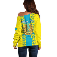 Personalised Kazakhstan Independence Day Off Shoulder Sweater Kazakhstanian Coat Of Arms Special Version - Wonder Print Shop