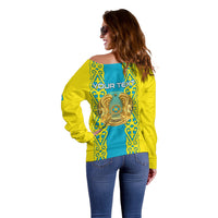 Personalised Kazakhstan Independence Day Off Shoulder Sweater Kazakhstanian Coat Of Arms Special Version - Wonder Print Shop