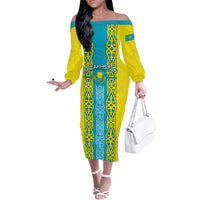Personalised Kazakhstan Independence Day Off The Shoulder Long Sleeve Dress Kazakhstanian Coat Of Arms Special Version - Wonder Print Shop