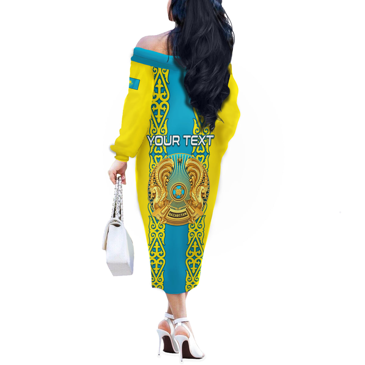 Personalised Kazakhstan Independence Day Off The Shoulder Long Sleeve Dress Kazakhstanian Coat Of Arms Special Version - Wonder Print Shop