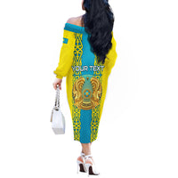 Personalised Kazakhstan Independence Day Off The Shoulder Long Sleeve Dress Kazakhstanian Coat Of Arms Special Version - Wonder Print Shop