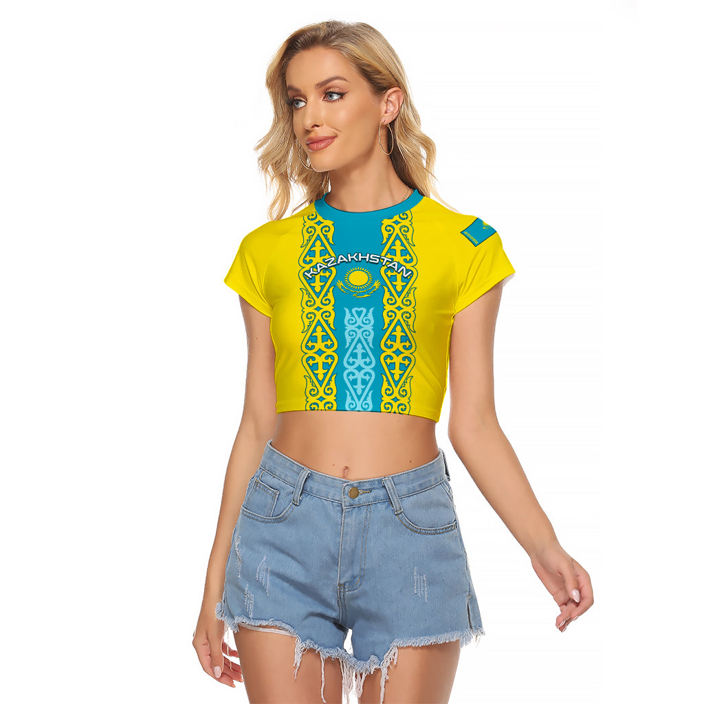 Personalised Kazakhstan Independence Day Raglan Cropped T Shirt Kazakhstanian Coat Of Arms Special Version - Wonder Print Shop