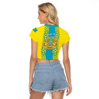 Personalised Kazakhstan Independence Day Raglan Cropped T Shirt Kazakhstanian Coat Of Arms Special Version - Wonder Print Shop