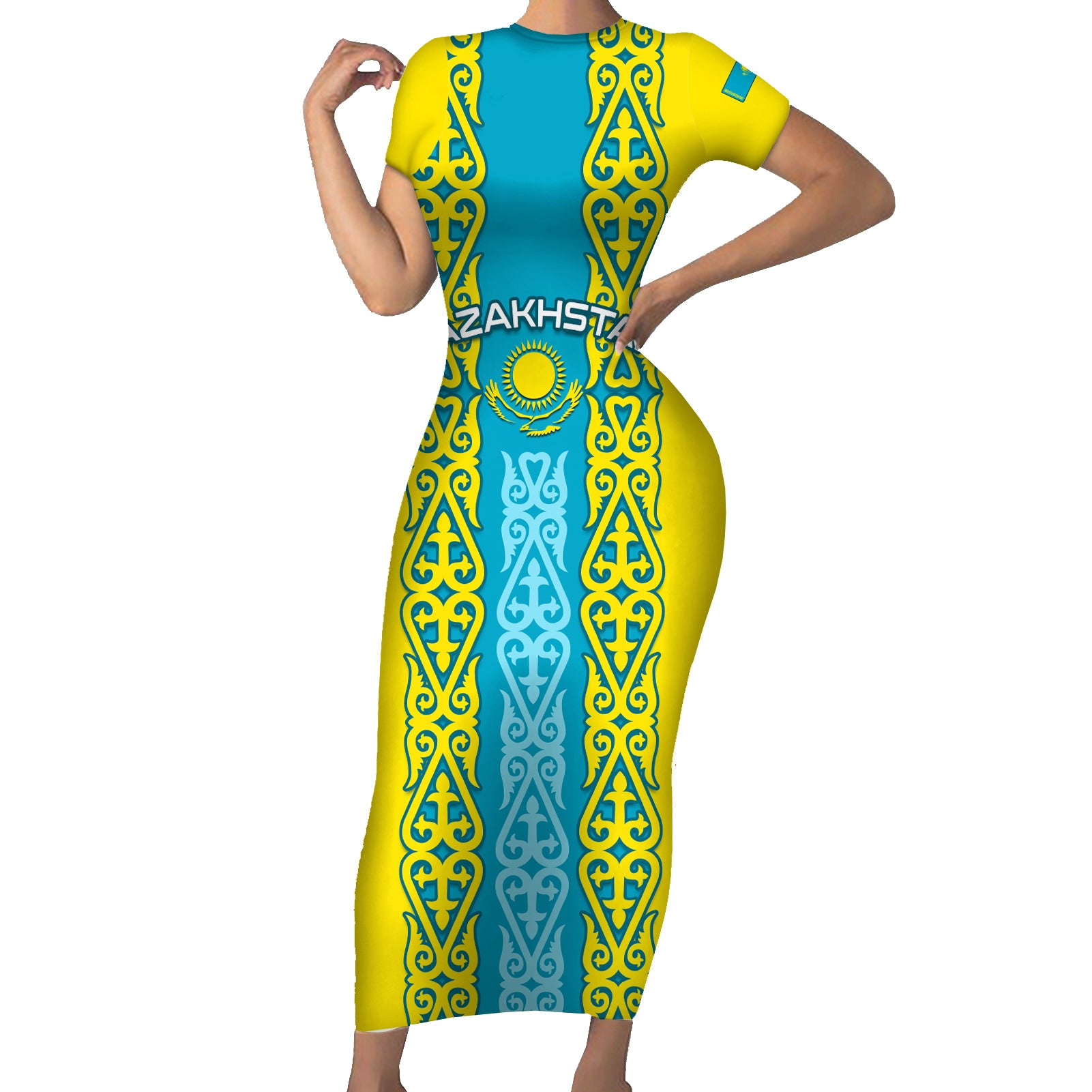 Personalised Kazakhstan Independence Day Short Sleeve Bodycon Dress Kazakhstanian Coat Of Arms Special Version - Wonder Print Shop