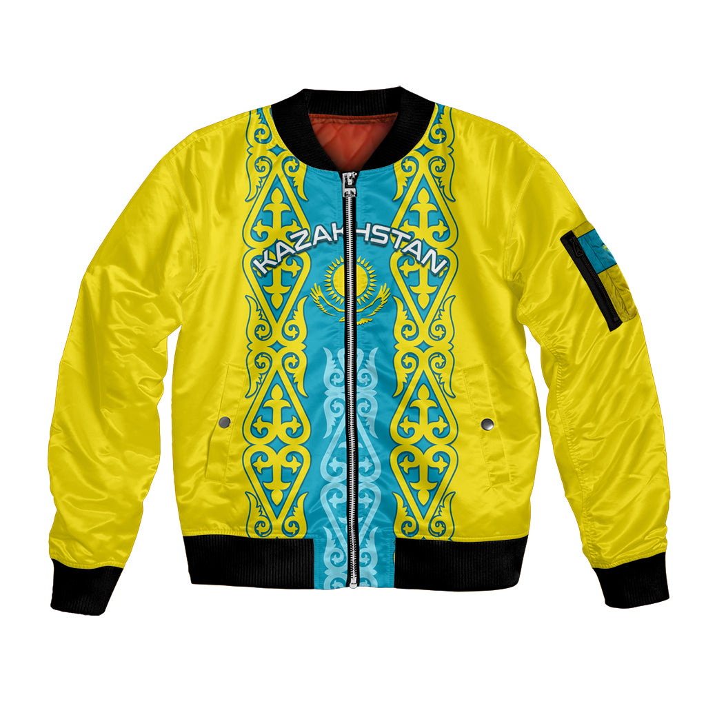 Personalised Kazakhstan Independence Day Sleeve Zip Bomber Jacket Kazakhstanian Coat Of Arms Special Version - Wonder Print Shop