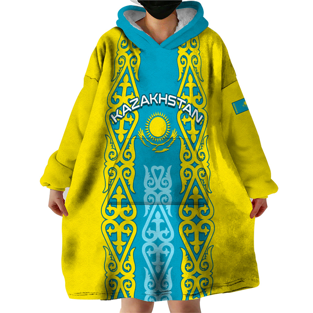 Personalised Kazakhstan Independence Day Wearable Blanket Hoodie Kazakhstanian Coat Of Arms Special Version - Wonder Print Shop