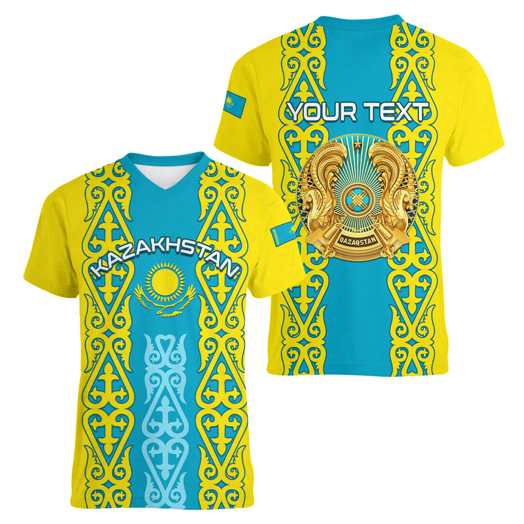 Personalised Kazakhstan Independence Day Women V Neck T Shirt Kazakhstanian Coat Of Arms Special Version - Wonder Print Shop