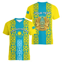 Personalised Kazakhstan Independence Day Women V Neck T Shirt Kazakhstanian Coat Of Arms Special Version - Wonder Print Shop
