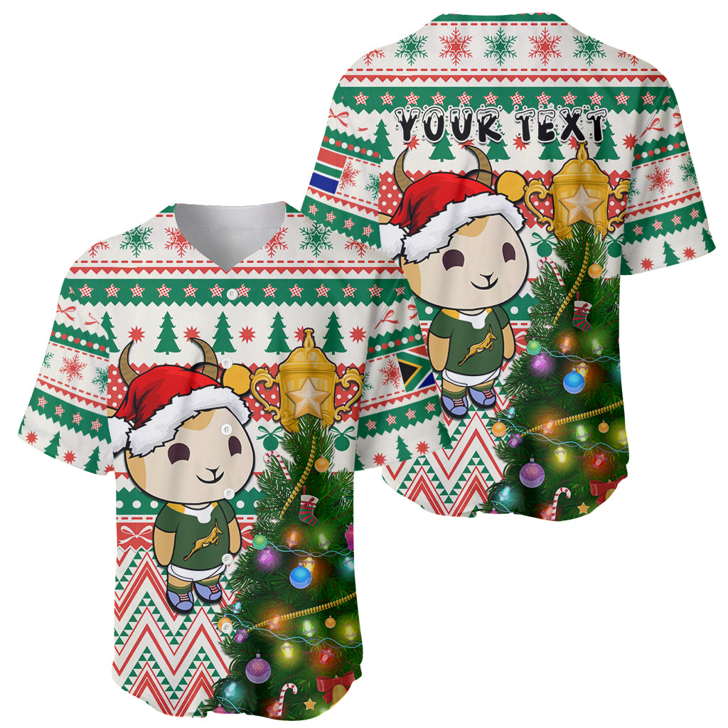 Personalised South Africa Rugby Christmas Baseball Jersey Cute Springbok With Christmas Tree - Wonder Print Shop