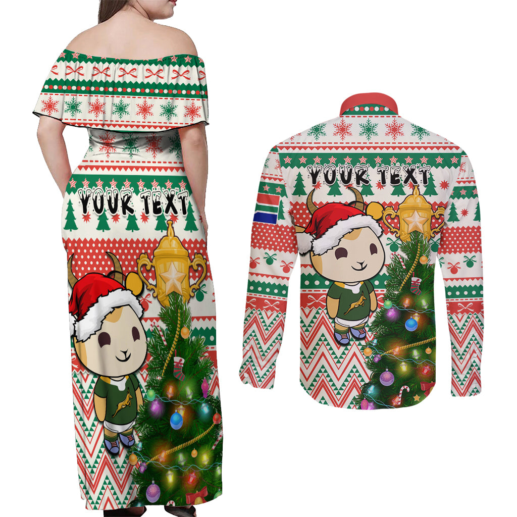Personalised South Africa Rugby Christmas Couples Matching Off Shoulder Maxi Dress and Long Sleeve Button Shirt Cute Springbok With Christmas Tree - Wonder Print Shop