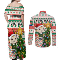 Personalised South Africa Rugby Christmas Couples Matching Off Shoulder Maxi Dress and Long Sleeve Button Shirt Cute Springbok With Christmas Tree - Wonder Print Shop