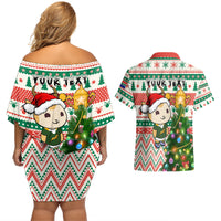 Personalised South Africa Rugby Christmas Couples Matching Off Shoulder Short Dress and Hawaiian Shirt Cute Springbok With Christmas Tree - Wonder Print Shop