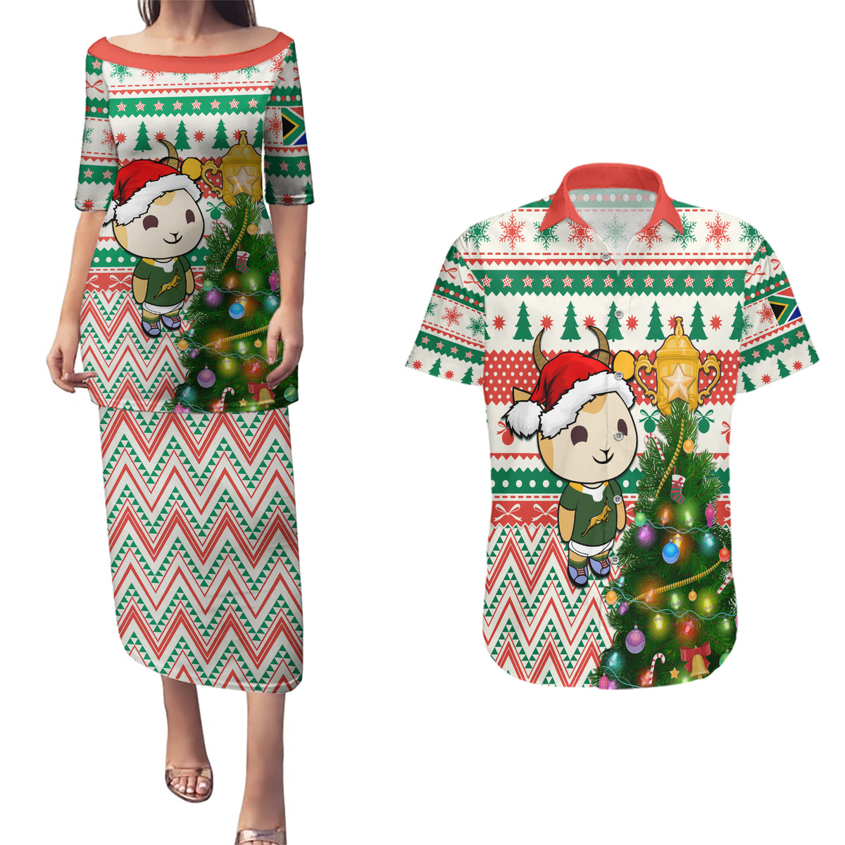 Personalised South Africa Rugby Christmas Couples Matching Puletasi Dress and Hawaiian Shirt Cute Springbok With Christmas Tree - Wonder Print Shop
