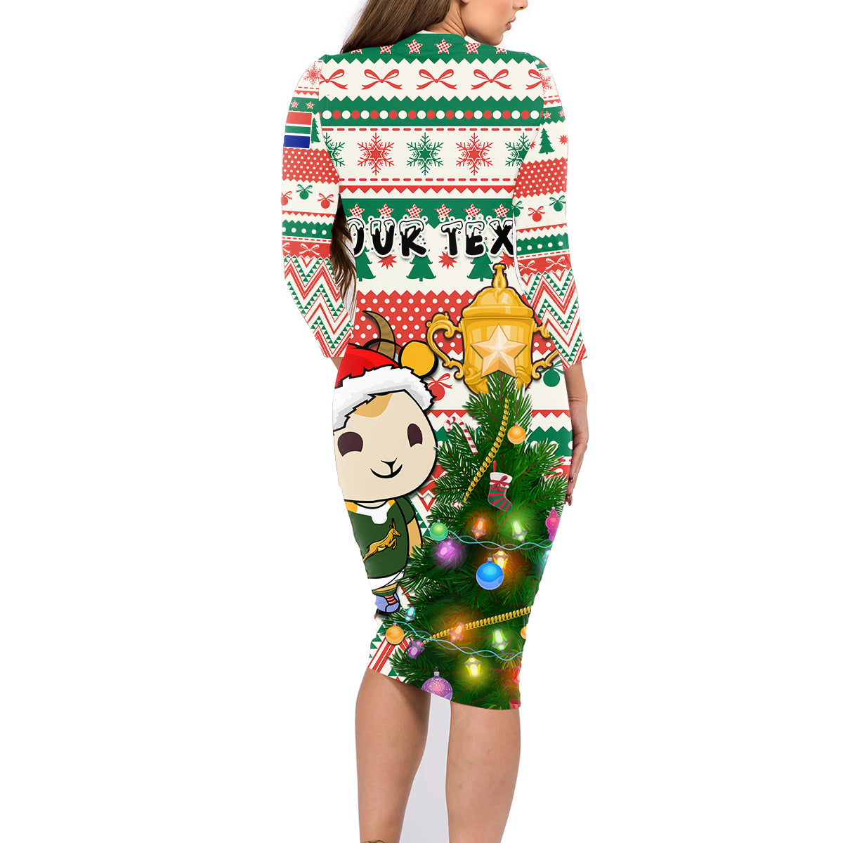 Personalised South Africa Rugby Christmas Family Matching Long Sleeve Bodycon Dress and Hawaiian Shirt Cute Springbok With Christmas Tree - Wonder Print Shop