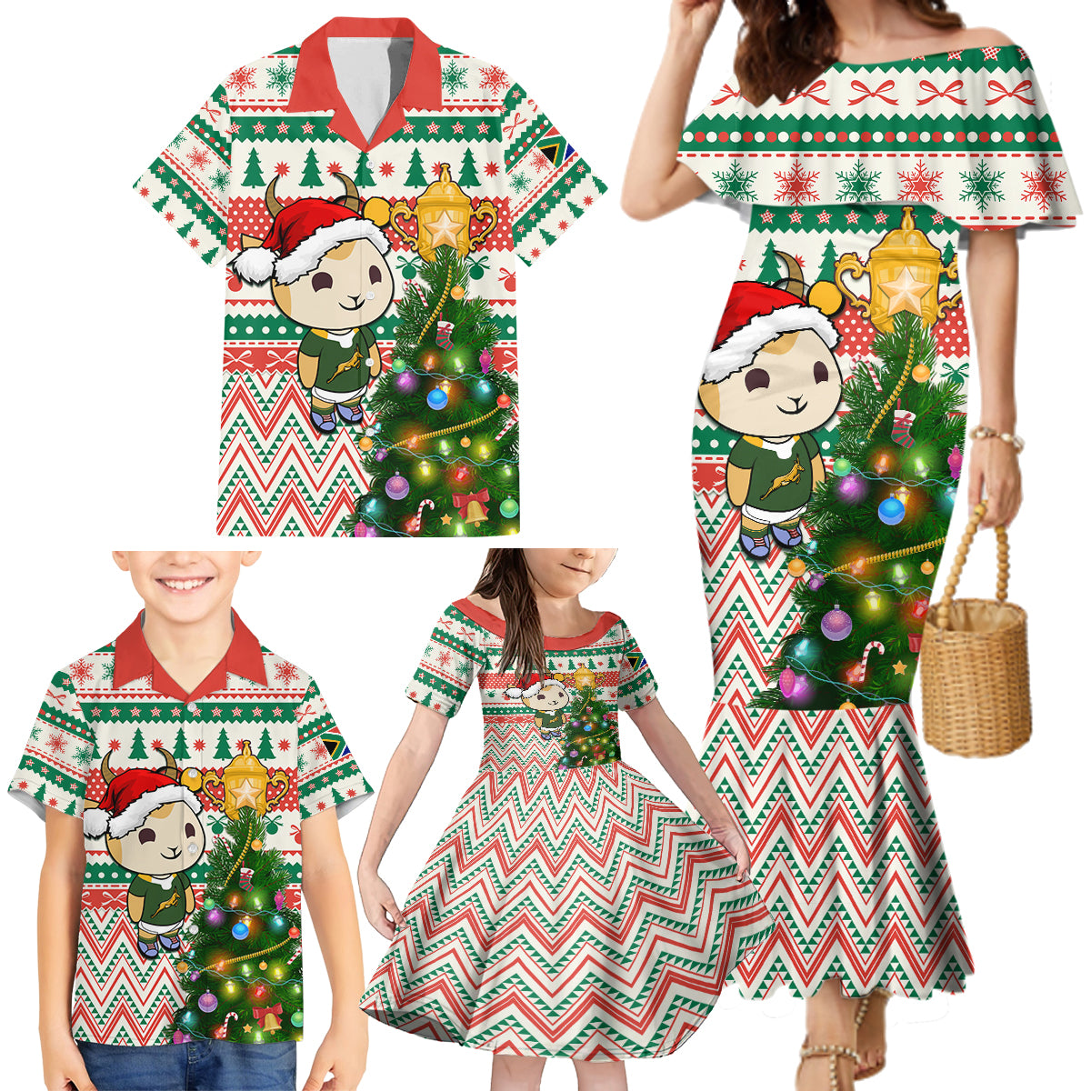 Personalised South Africa Rugby Christmas Family Matching Mermaid Dress and Hawaiian Shirt Cute Springbok With Christmas Tree - Wonder Print Shop