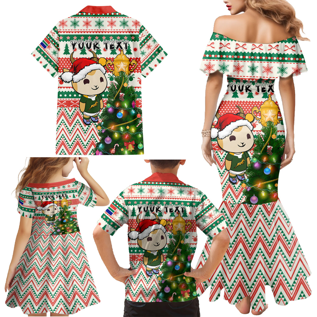 Personalised South Africa Rugby Christmas Family Matching Mermaid Dress and Hawaiian Shirt Cute Springbok With Christmas Tree - Wonder Print Shop