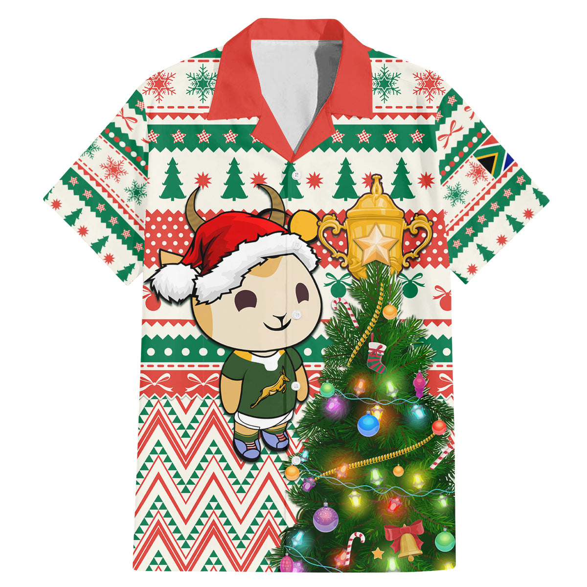Personalised South Africa Rugby Christmas Family Matching Mermaid Dress and Hawaiian Shirt Cute Springbok With Christmas Tree - Wonder Print Shop