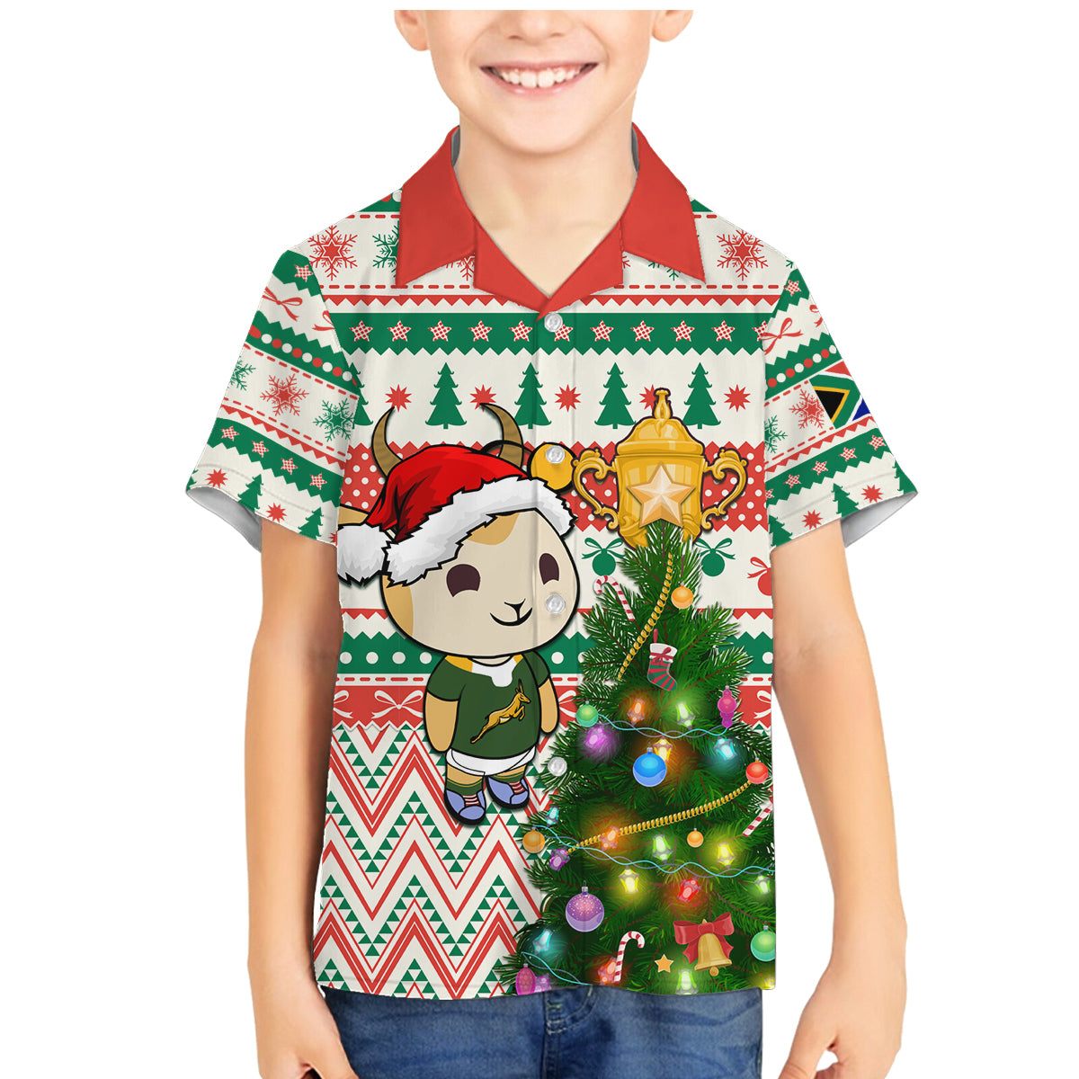 Personalised South Africa Rugby Christmas Family Matching Mermaid Dress and Hawaiian Shirt Cute Springbok With Christmas Tree - Wonder Print Shop