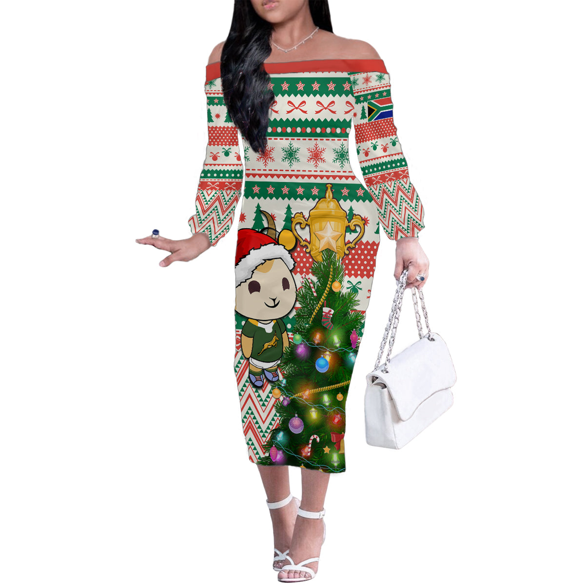 Personalised South Africa Rugby Christmas Family Matching Off Shoulder Long Sleeve Dress and Hawaiian Shirt Cute Springbok With Christmas Tree - Wonder Print Shop