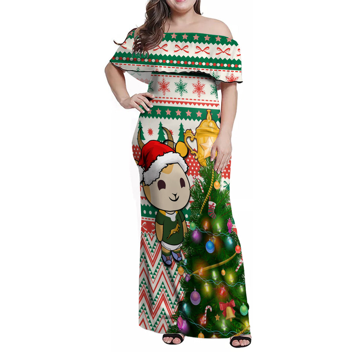 Personalised South Africa Rugby Christmas Family Matching Off Shoulder Maxi Dress and Hawaiian Shirt Cute Springbok With Christmas Tree - Wonder Print Shop