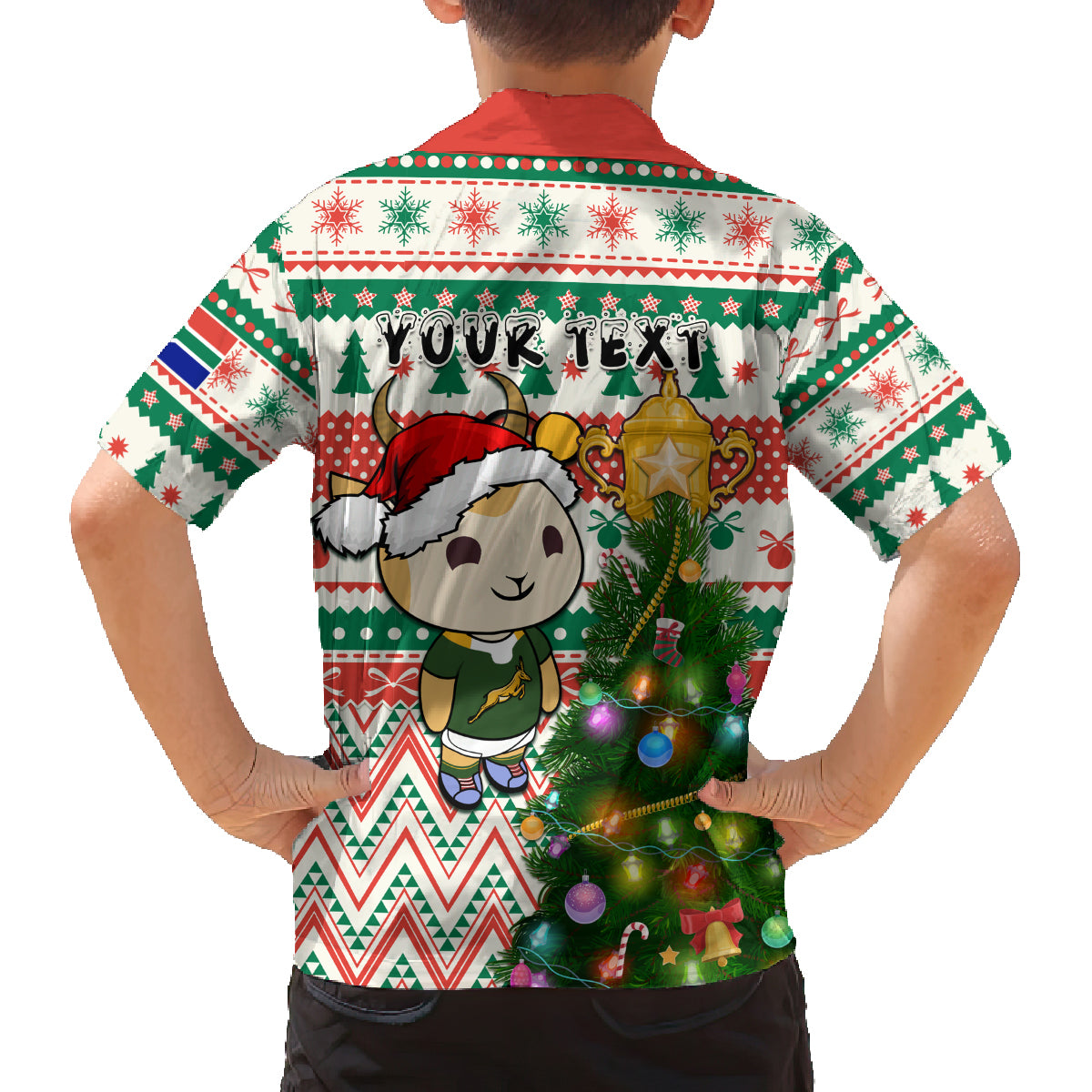 Personalised South Africa Rugby Christmas Family Matching Puletasi Dress and Hawaiian Shirt Cute Springbok With Christmas Tree - Wonder Print Shop