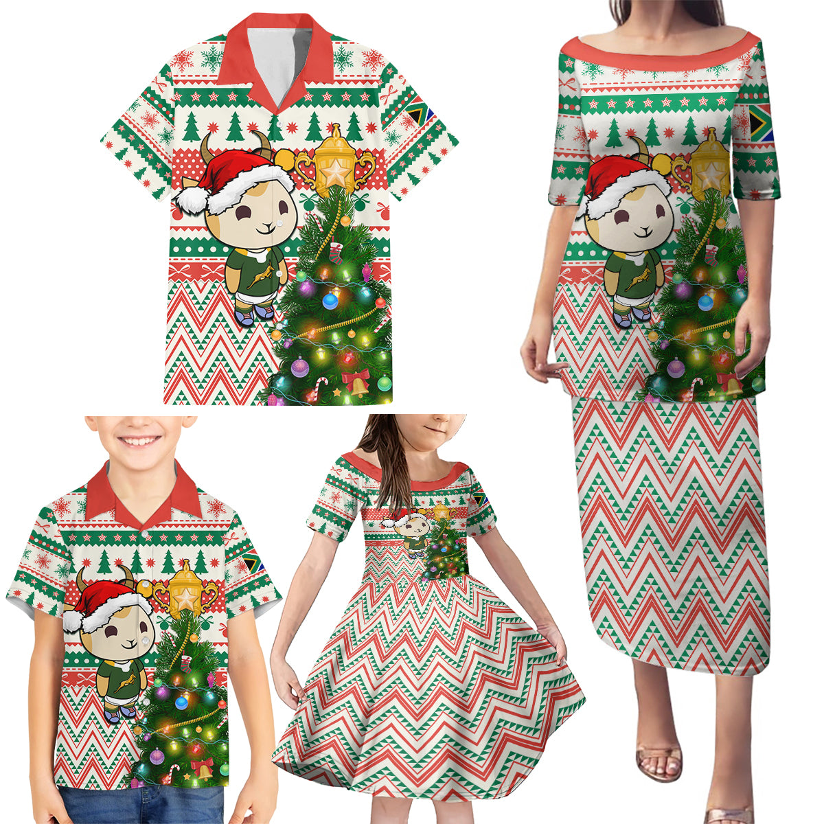 Personalised South Africa Rugby Christmas Family Matching Puletasi Dress and Hawaiian Shirt Cute Springbok With Christmas Tree - Wonder Print Shop