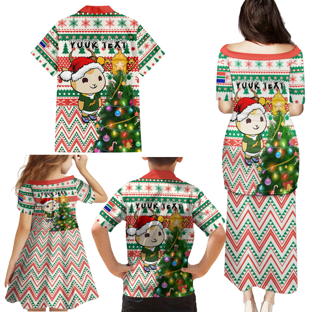 Personalised South Africa Rugby Christmas Family Matching Puletasi Dress and Hawaiian Shirt Cute Springbok With Christmas Tree - Wonder Print Shop