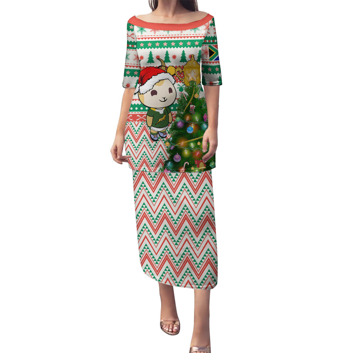 Personalised South Africa Rugby Christmas Family Matching Puletasi Dress and Hawaiian Shirt Cute Springbok With Christmas Tree - Wonder Print Shop