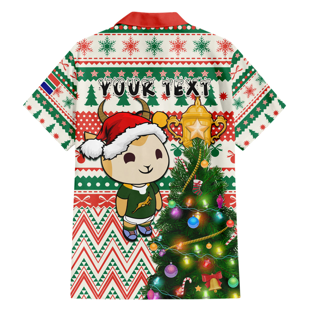 Personalised South Africa Rugby Christmas Family Matching Short Sleeve Bodycon Dress and Hawaiian Shirt Cute Springbok With Christmas Tree - Wonder Print Shop