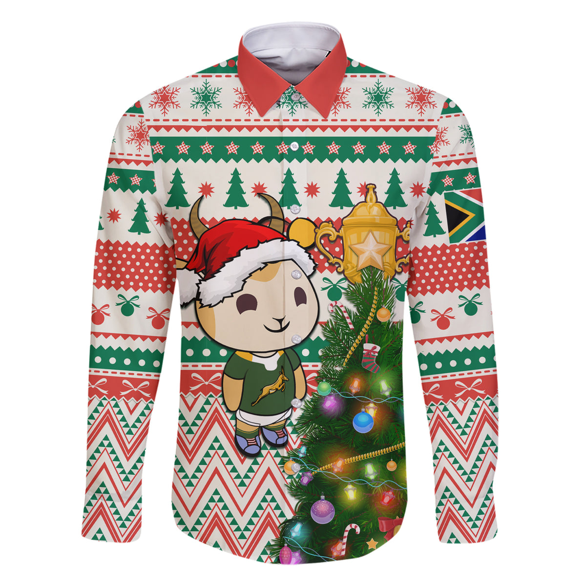 Personalised South Africa Rugby Christmas Family Matching Short Sleeve Bodycon Dress and Hawaiian Shirt Cute Springbok With Christmas Tree - Wonder Print Shop