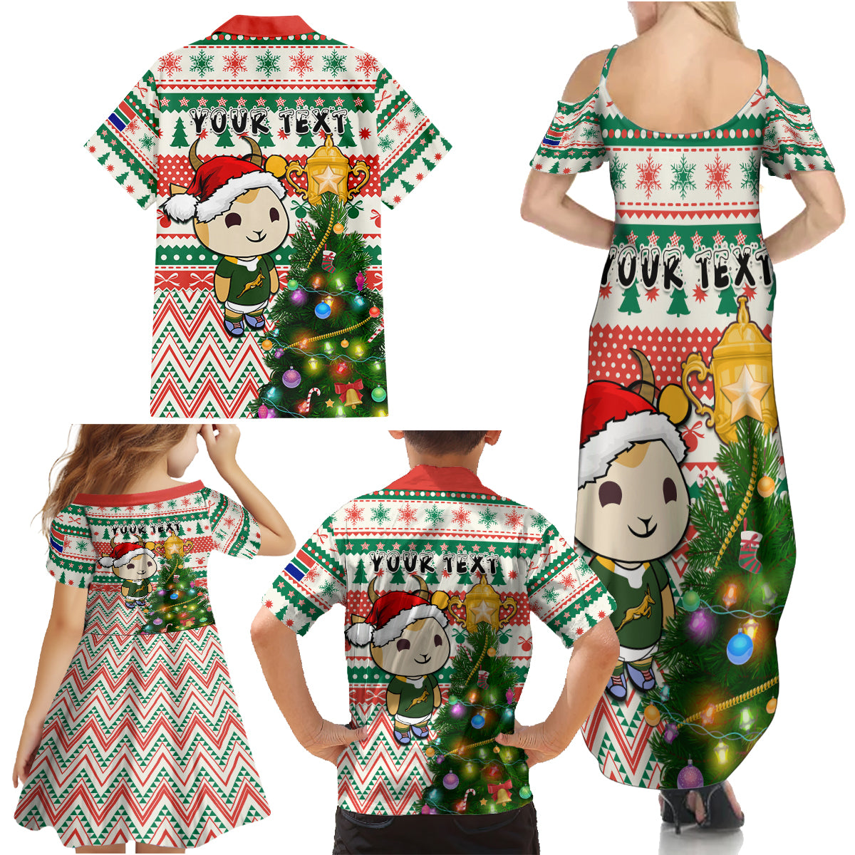 Personalised South Africa Rugby Christmas Family Matching Summer Maxi Dress and Hawaiian Shirt Cute Springbok With Christmas Tree - Wonder Print Shop