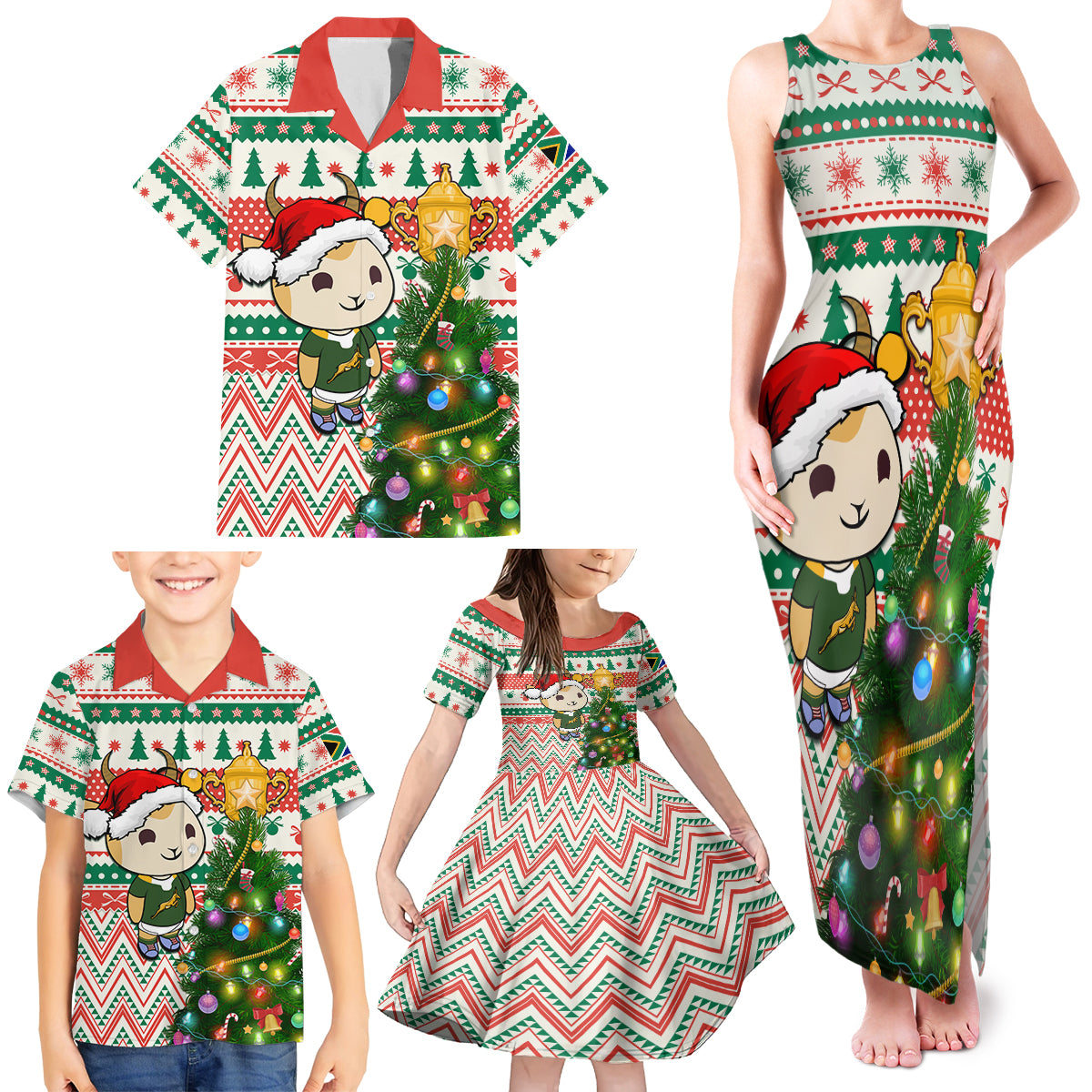 Personalised South Africa Rugby Christmas Family Matching Tank Maxi Dress and Hawaiian Shirt Cute Springbok With Christmas Tree - Wonder Print Shop