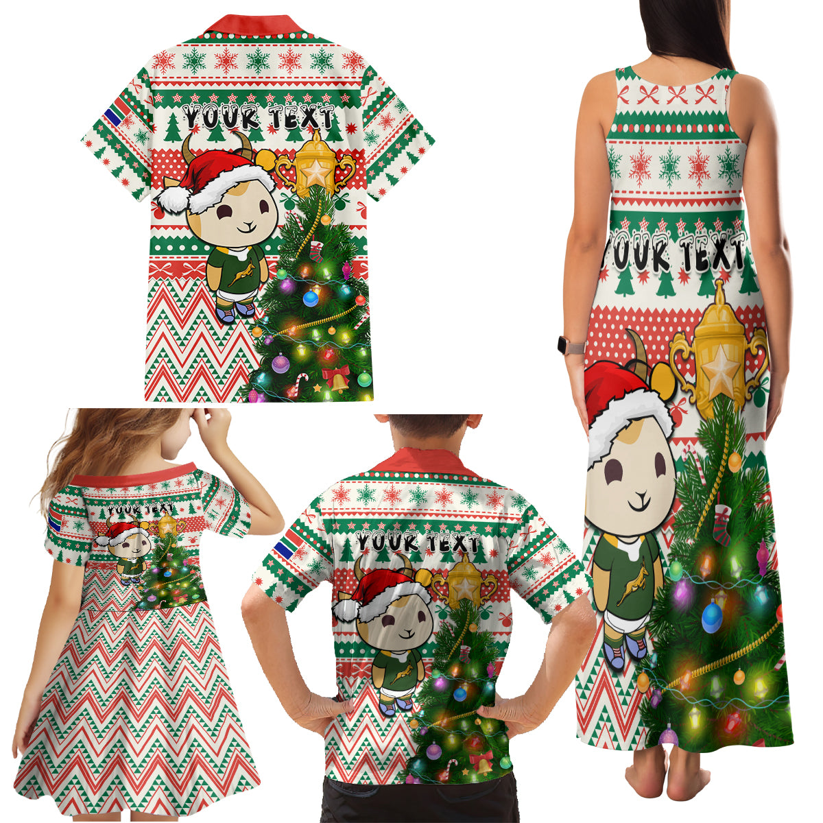Personalised South Africa Rugby Christmas Family Matching Tank Maxi Dress and Hawaiian Shirt Cute Springbok With Christmas Tree - Wonder Print Shop