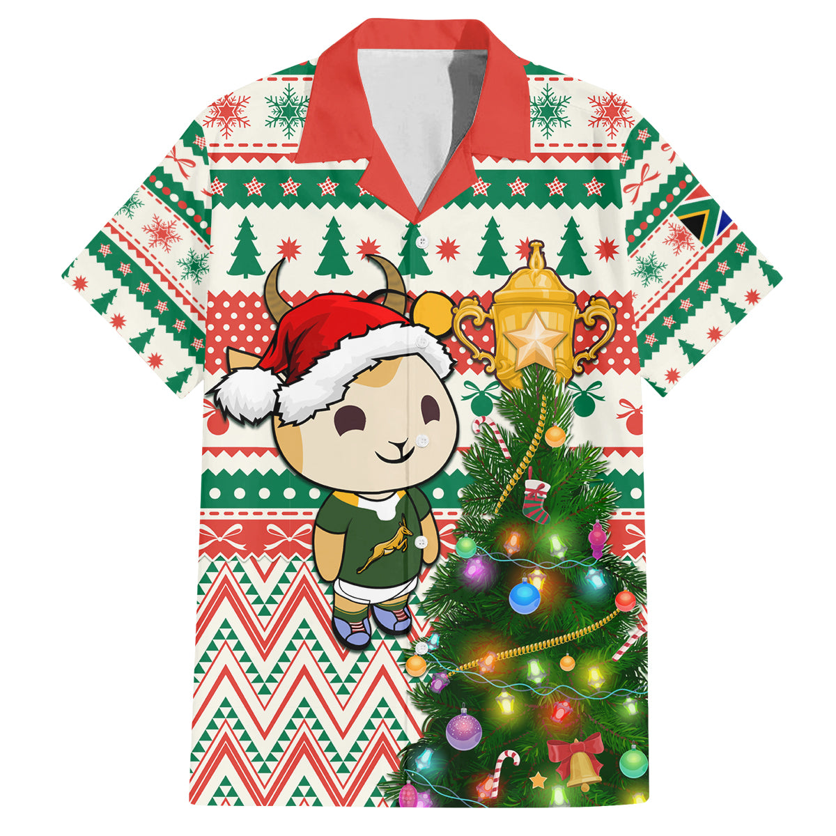 Personalised South Africa Rugby Christmas Family Matching Tank Maxi Dress and Hawaiian Shirt Cute Springbok With Christmas Tree - Wonder Print Shop