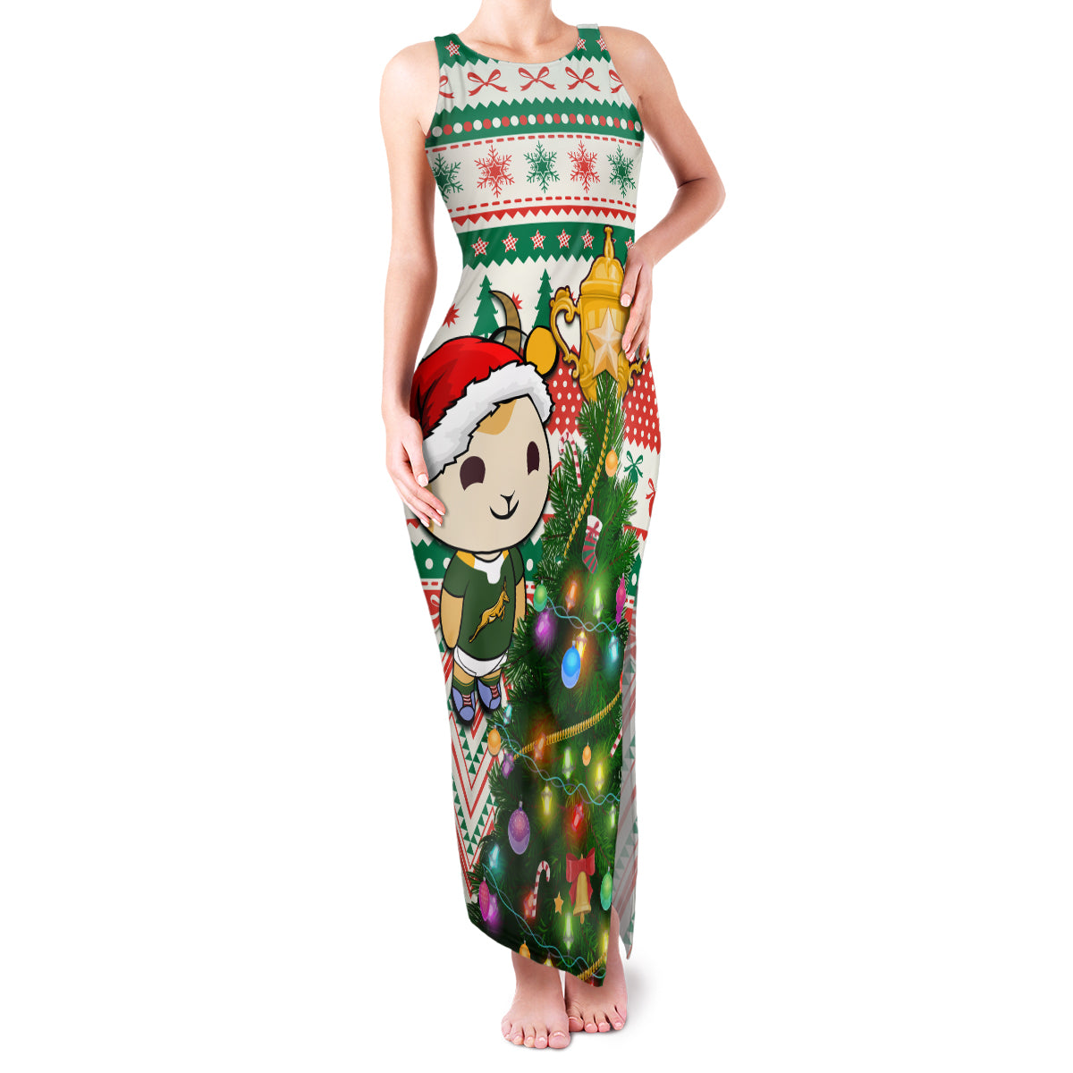 Personalised South Africa Rugby Christmas Family Matching Tank Maxi Dress and Hawaiian Shirt Cute Springbok With Christmas Tree - Wonder Print Shop