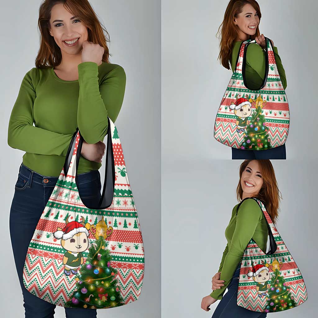 Personalised South Africa Rugby Christmas Grocery Bag Cute Springbok With Christmas Tree