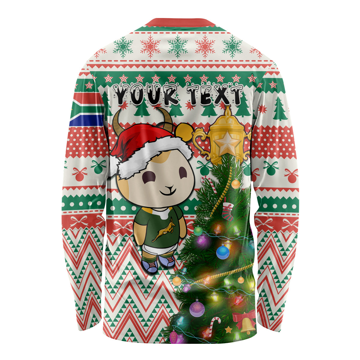 Personalised South Africa Rugby Christmas Long Sleeve Shirt Cute Springbok With Christmas Tree - Wonder Print Shop