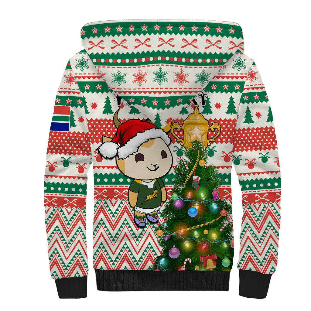 Personalised South Africa Rugby Christmas Sherpa Hoodie Cute Springbok With Christmas Tree - Wonder Print Shop